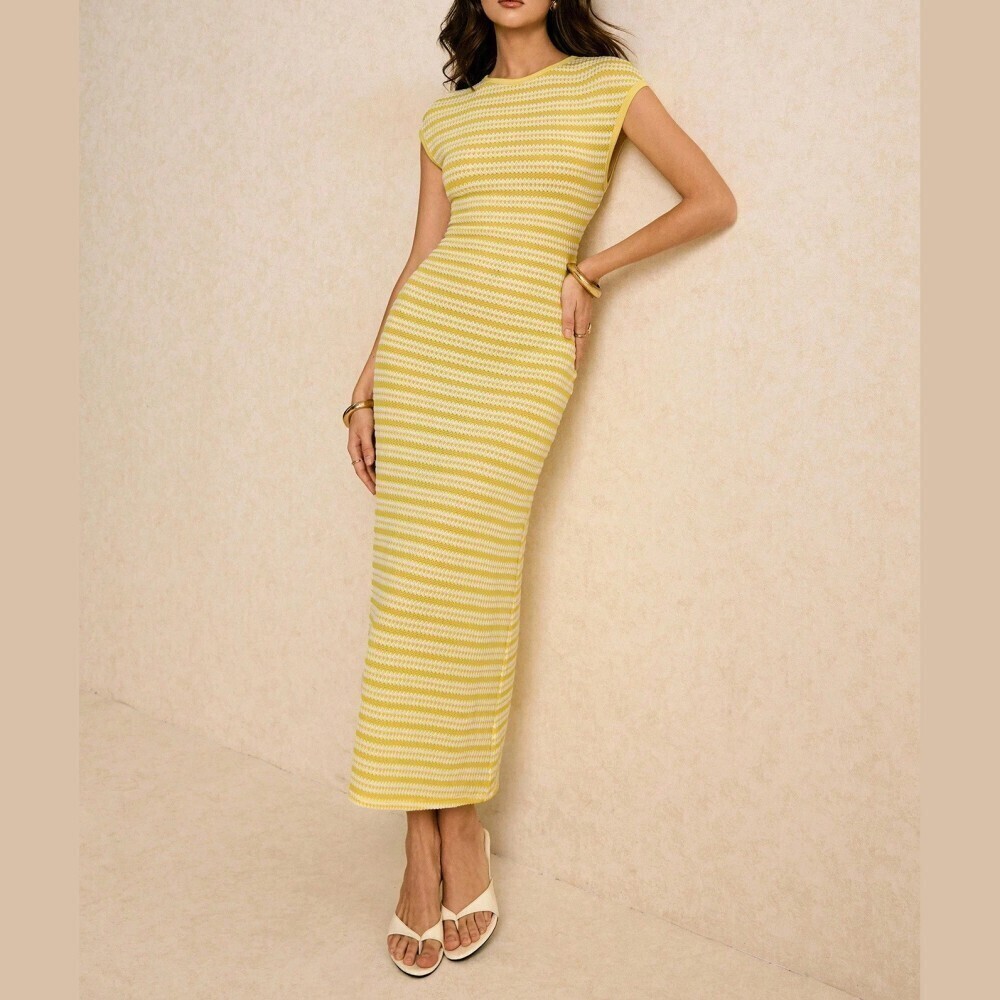 Yellow Striped Knit Cap Sleeve Bodycon Maxi Dress